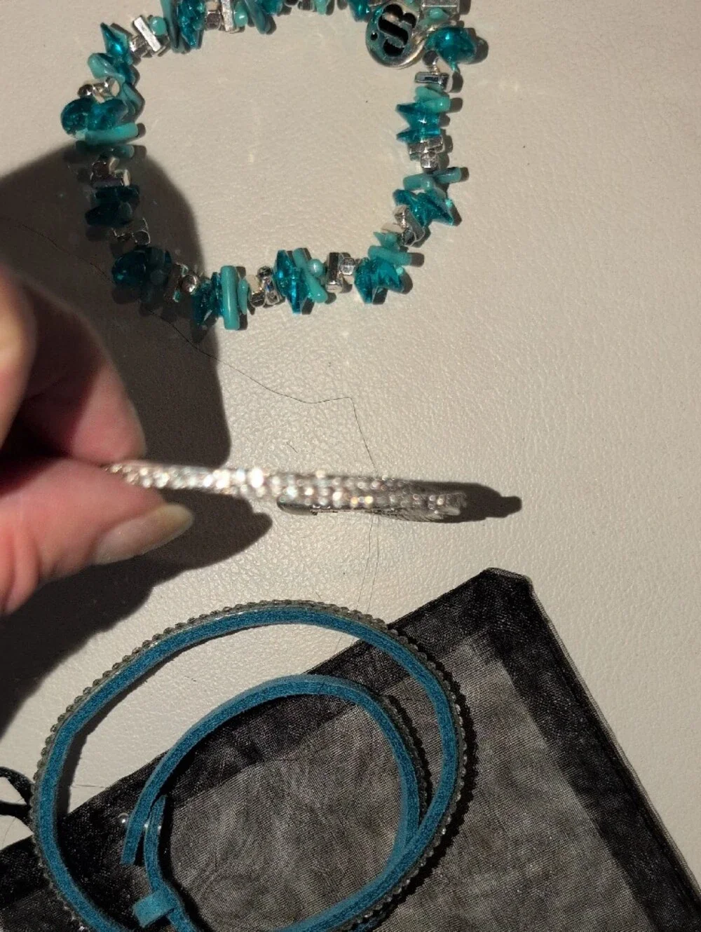 Turquoise Beaded, SilveToned Bracelet & Crystal & Beaded Wrapped Bracelet Set